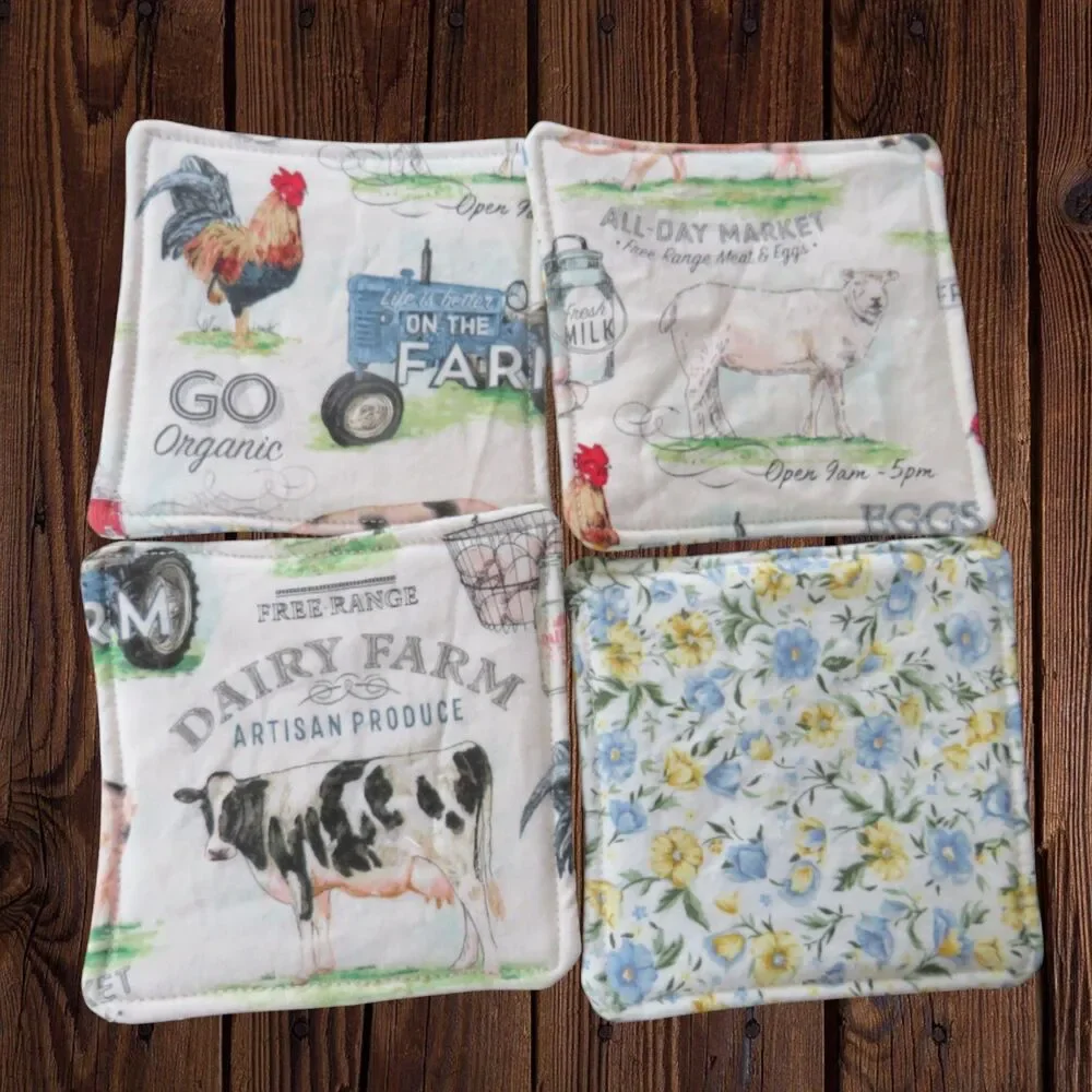 Fabric Coasters, Set Of 4, Farm Animal Reversible Country Floral Mug Rugs